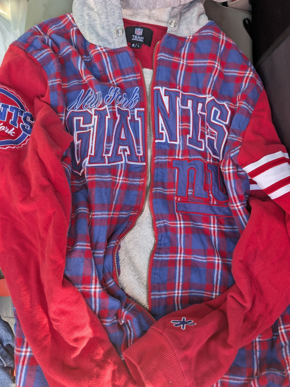 NFL Team Apparel NY Giants Plaid Hooded Sherpa Lined Flannel Jacket Men's L